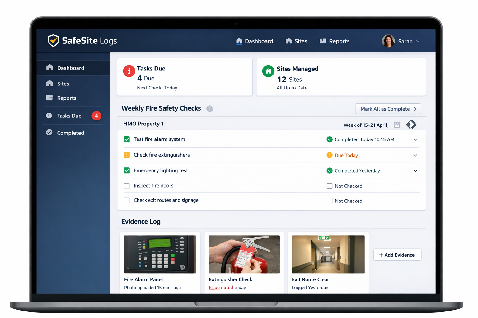 SafeSite Logs web app mockup showing site checks, evidence, and exports